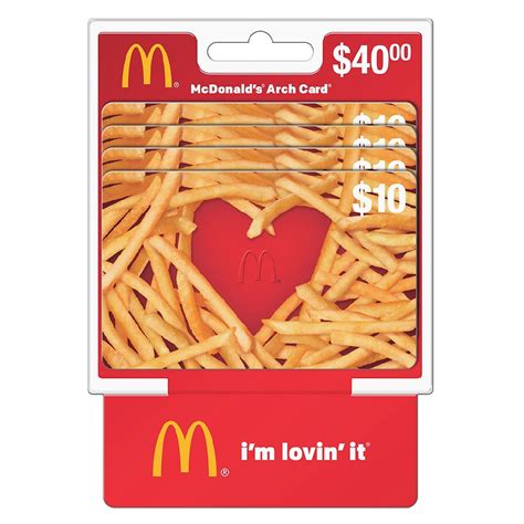  Description. The craveable gift for any occasion -- holidays, birthdays, appreciation or just because. Everyone on your list will love a McDonald's Gift Card. Send one to yourself and enjoy the convenience of a cash-free fries run any time. Load with $10-100. Redeemable at over 14,000 participating McDonald's restaurants in the U.S. 
